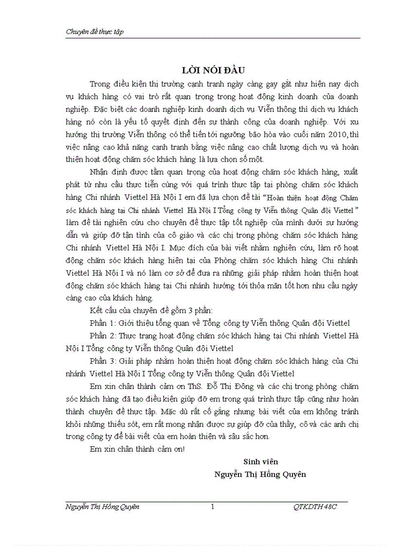 Hoàn thiện hoạt động Chăm sóc khách hàng tại Chi nhánh Viettel Hà Nội I Tổng công ty Viễn thông Quân đội Viettel 1