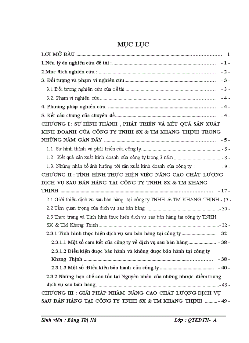Giải pháp nâng cao chất lượng dịch vụ sau bán hàng tại công ty TNHH SX TM KHANG THỊNH