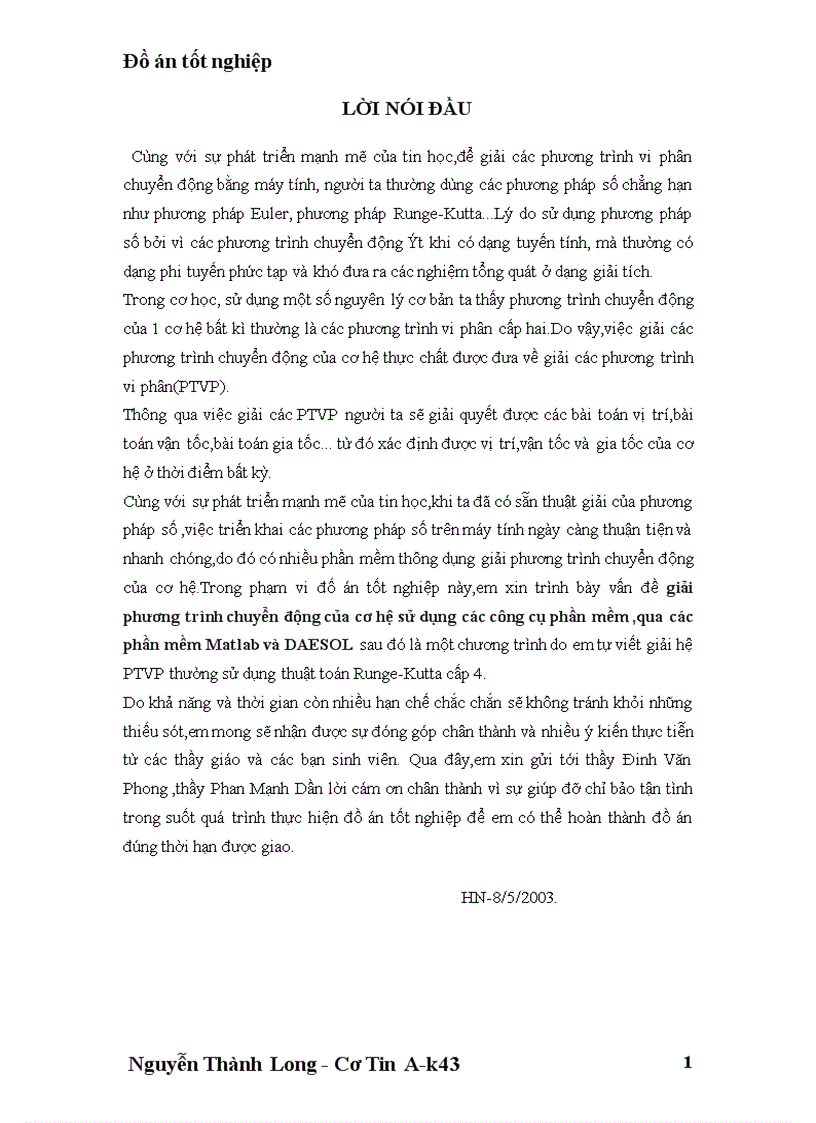 Giải phương trình chuyển động của cơ hệ sử dụng các công cụ phần mềm qua các phần mềm Matlab và DAESOL