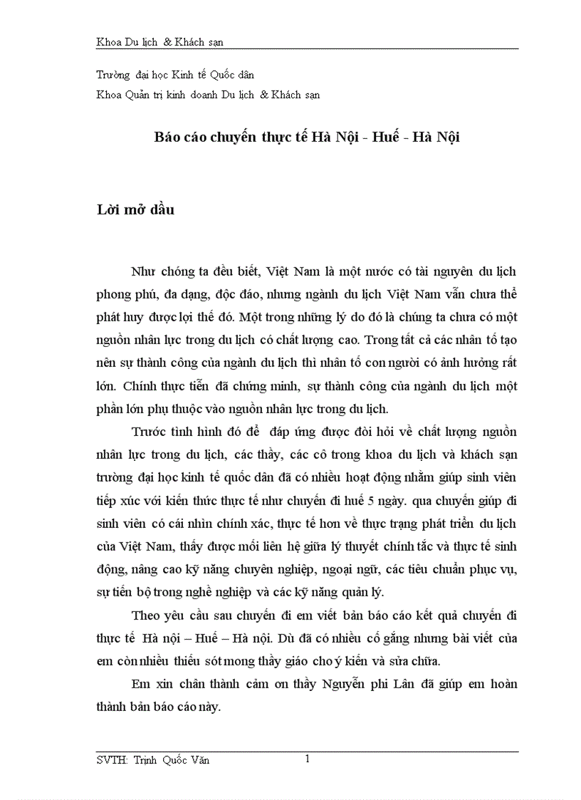 Báo cáo chuyến thực tế Hà Nội Huế Hà Nội 1