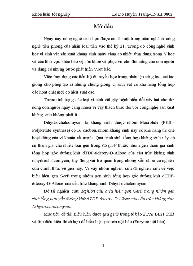 Nghiên cứu biểu hiện gen GerF trong nhóm gen sinh tổng hợp gốc đường khử dTDP 6deoxy D Allose của cấu trúc kháng sinh Dihydrochalcomycin 3