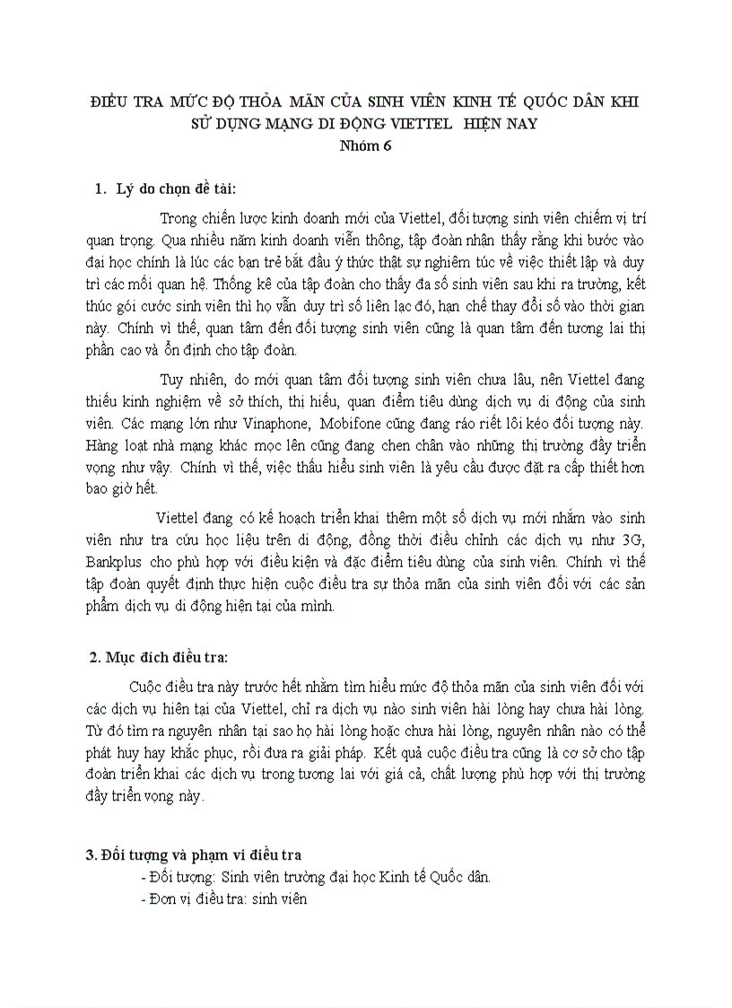 Điều tra mức độ thỏa mãn của sinh viên kinh tế quốc dân khi sử dụng mạng di động viettel hiện nay
