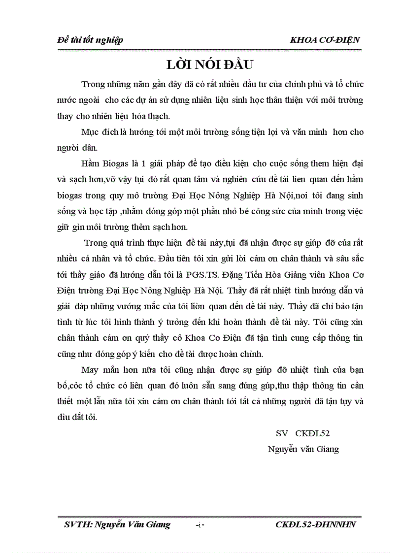 Nghiên cứu điều tra và đề suất khả năng sử dụng năng lượng biogas khu vực trường đại học nông nghiệp Hà Nội