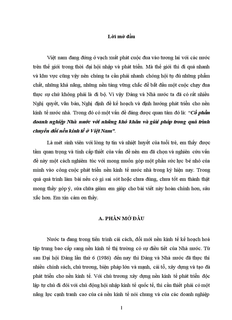 Cổ phần doanh nghiệp Nhà nước với những khó khăn và giải pháp trong quá trình chuyển đổi nền kinh tế ở Việt Nam 1