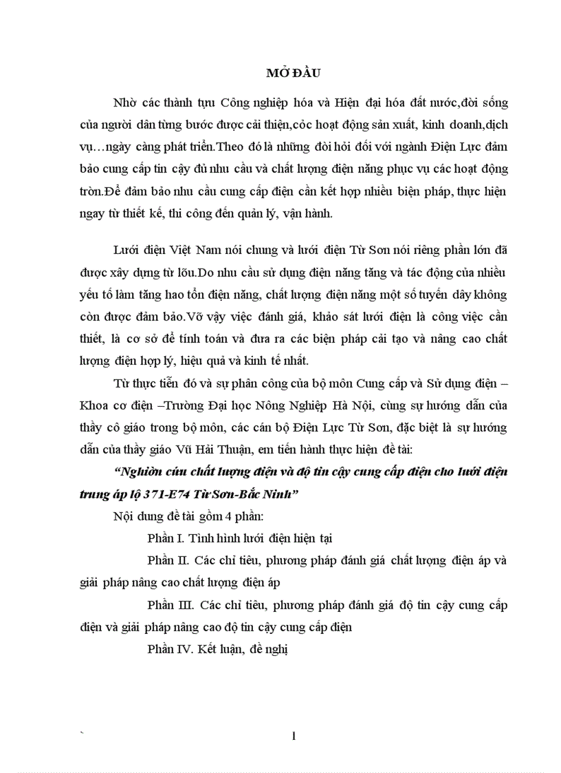Nghiên cứu chất lượng điện và độ tin cậy cung cấp điện cho lưới điện trung áp lộ 371 E74 Từ Sơn Bắc Ninh