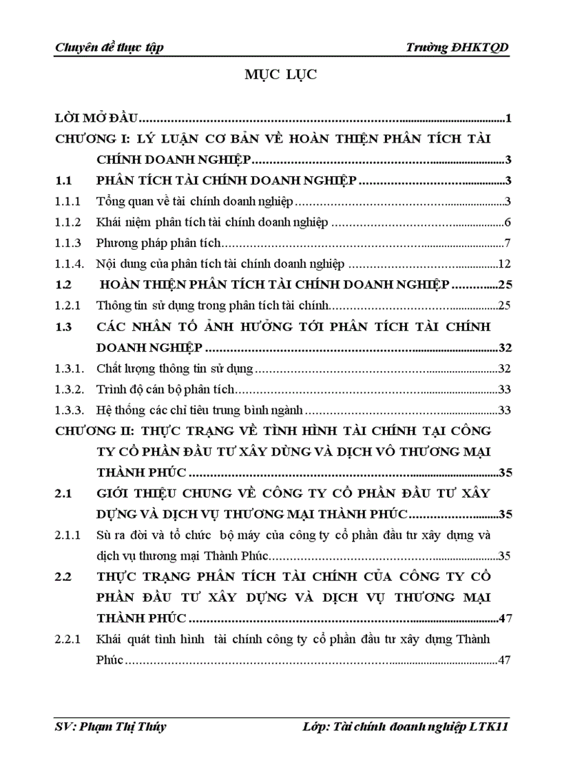 Hoàn thiện phân tích tình hình tài chính tại công ty cổ phần đầu tư xây dựng và dịch vụ thương mại Thành Phúc