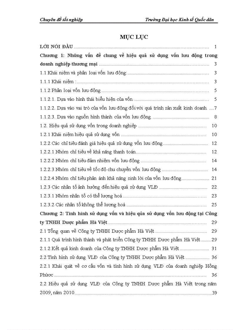 Các cao giải pháp nâng hiệu qủa sử dụng vốn lưu động tại Công ty TNHH Dược phẩm Hà Việt 1
