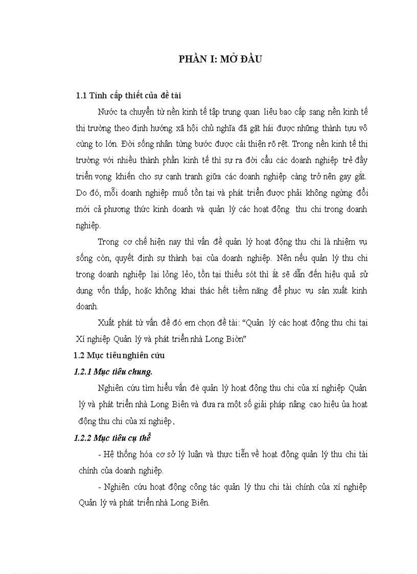 Quản lý các hoạt động thu chi tại Xí nghiệp Quản lý và phát triển nhà Long Biên