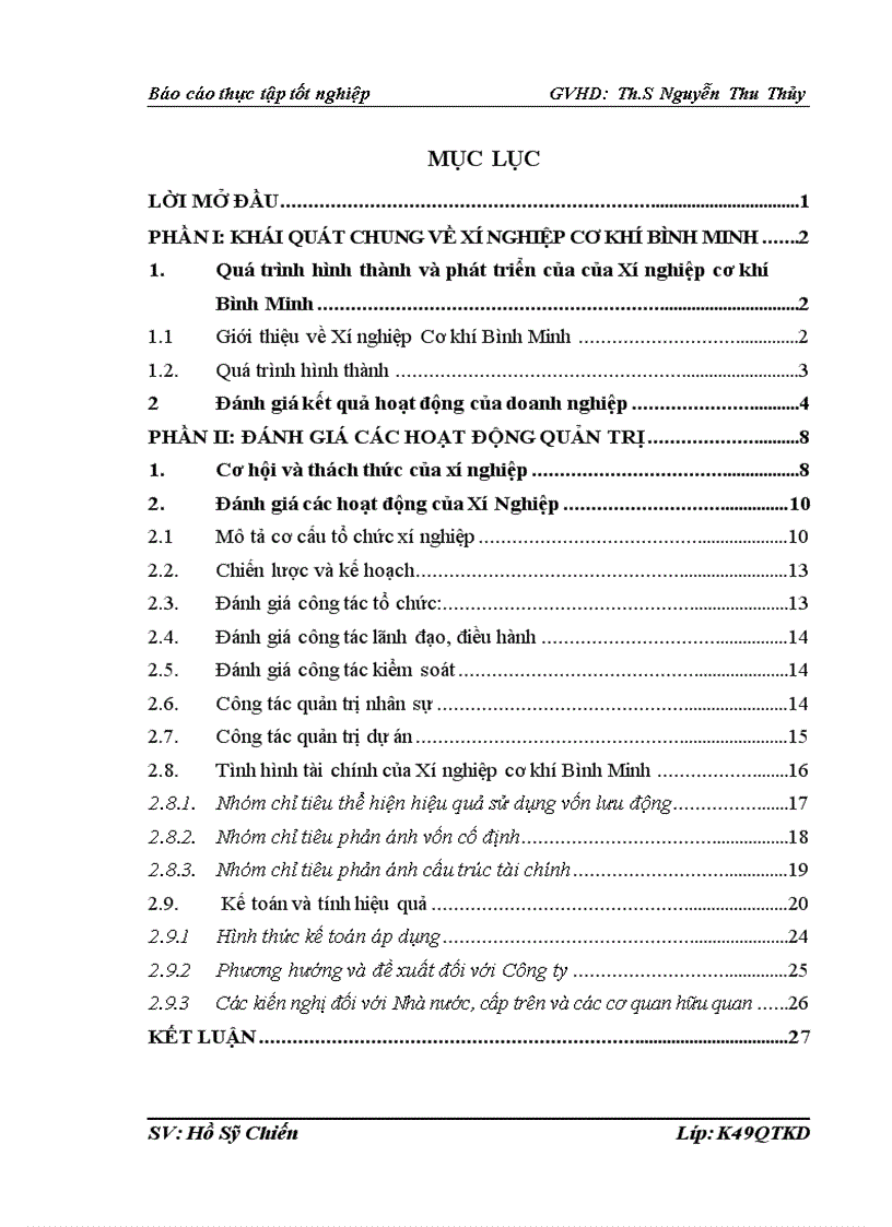 Đánh giá các hoạt động quản trị Xí nghiệp cơ khí Bình Minh