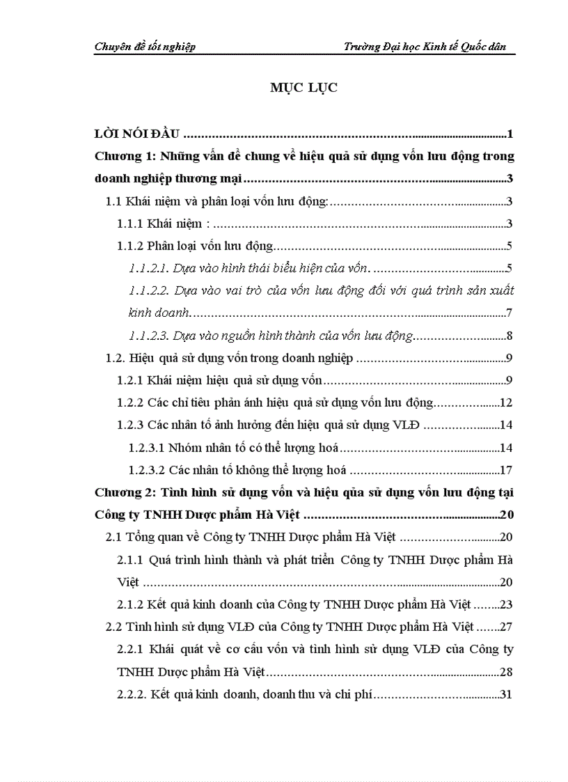 Các cao giải pháp nâng hiệu qủa sử dụng vốn lưu động tại Công ty TNHH Dược phẩm Hà Việt