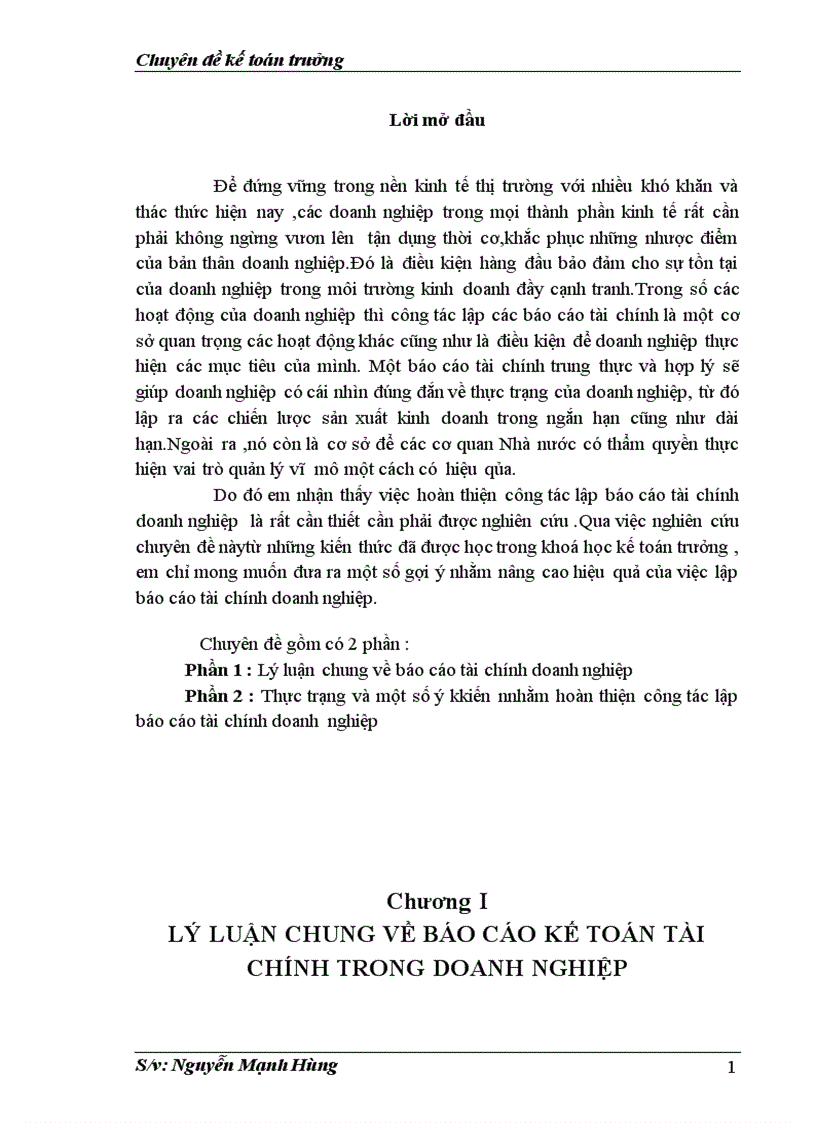 Thực trạng và một số ý kkiến nnhằm hoàn thiện công tác lập báo cáo tài chính doanh nghiệp