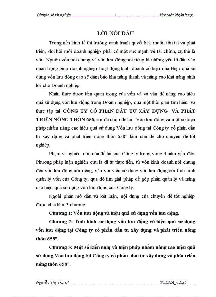 Vốn lưu động và một số biện pháp nhằm nâng cao hiệu quả sử dụng Vốn lưu động tại Công ty cổ phần đầu tư xây dựng và phát triển nông thôn 658