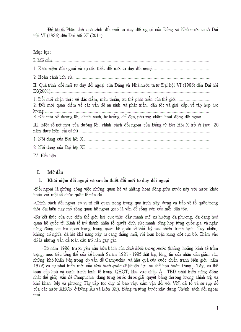 Phân tích quá trình đổi mới tư duy đối ngoại của Đảng và Nhà nước ta từ Đại hội VI 1986 đến Đại hội XI 201