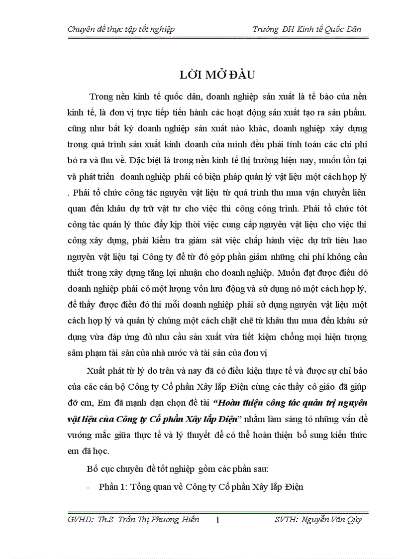 Hoàn thiện công tác quản trị nguyên vật liệu của Công ty Cổ phần Xây lắp Điện