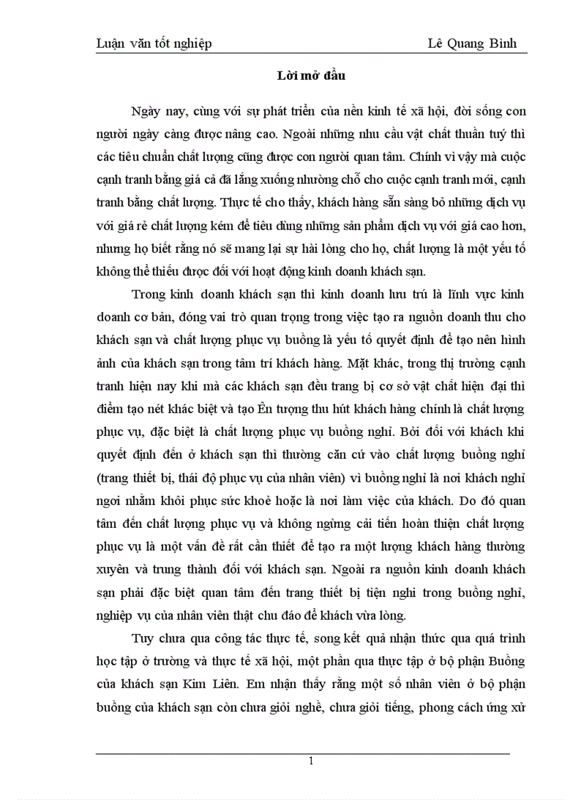 Thực trạng và một số giải pháp nhằm hoàn thiện chất lượng phục vụ buồng tại Khách Sạn Kim Liên 1
