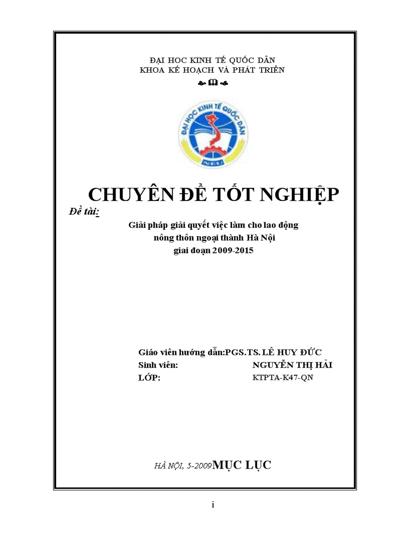 Giải pháp giải quyết việc làm cho lao động nông thôn ngoại thành Hà Nội giai đoạn 2009 2015
