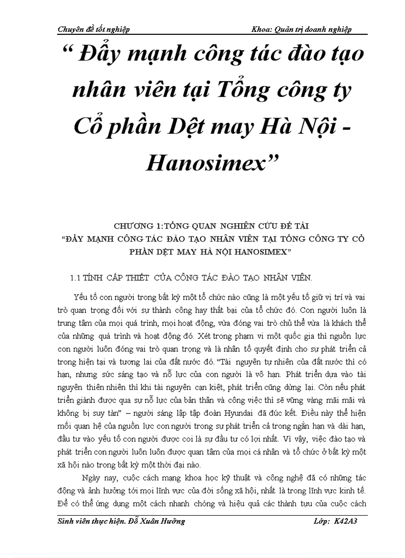 Đẩy mạnh công tác đào tạo nhân viên tại Tổng công ty Cổ phần Dệt may Hà Nội Hanosimex 1