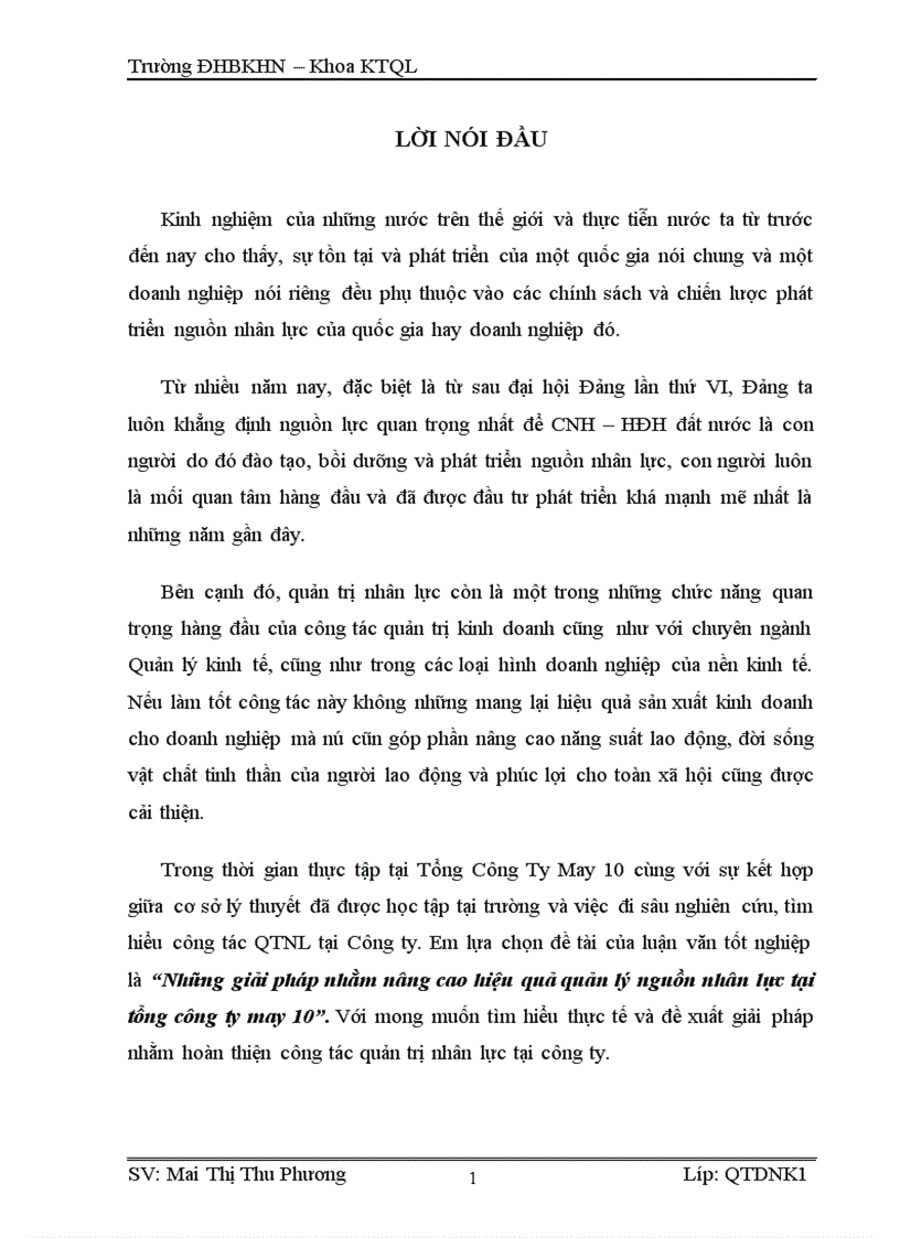 Biện pháp nâng cao hiệu quả quản lý nguồn nhân lực tại công ty may 10