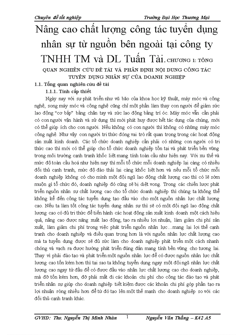Nâng cao chất lượng công tác tuyển dụng nhân sự từ nguồn bên ngoài tại công ty TNHH TM và DL Tuấn Tài 1