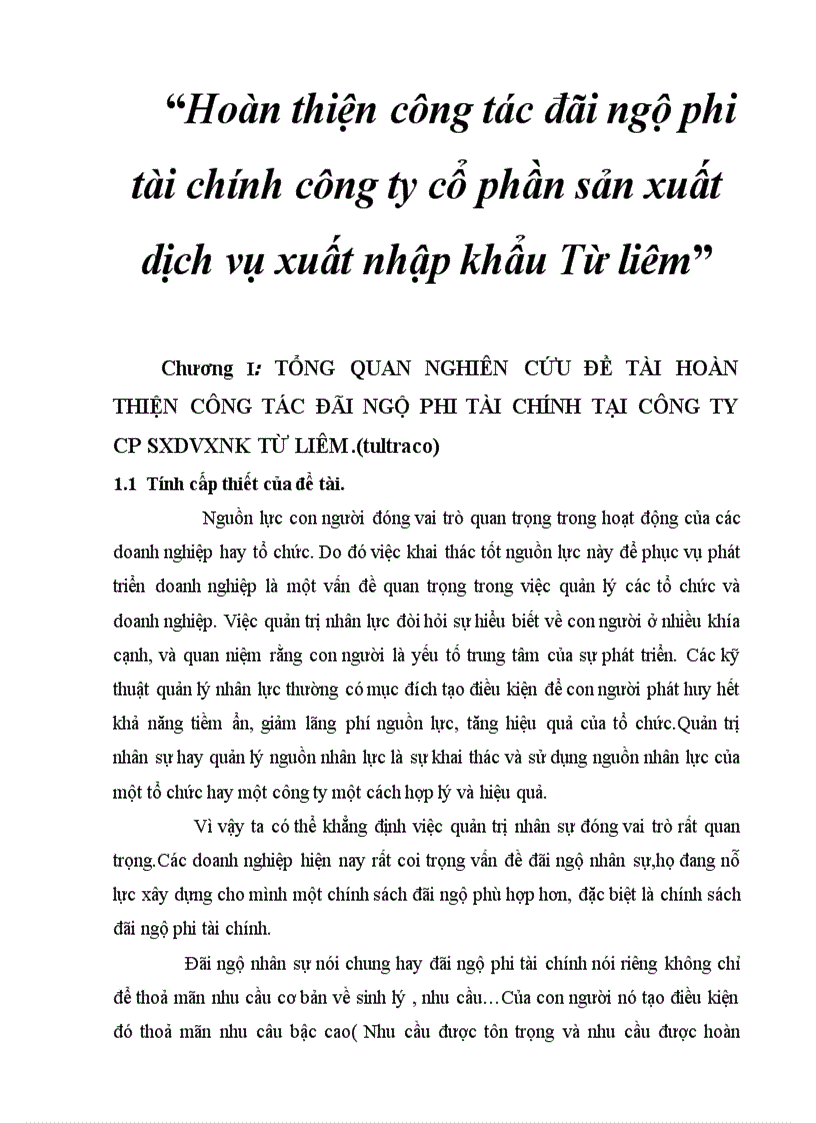 Hoàn thiện công tác đãi ngộ phi tài chính công ty cổ phần sản xuất dịch vụ xuất nhập khẩu Từ liêm 1