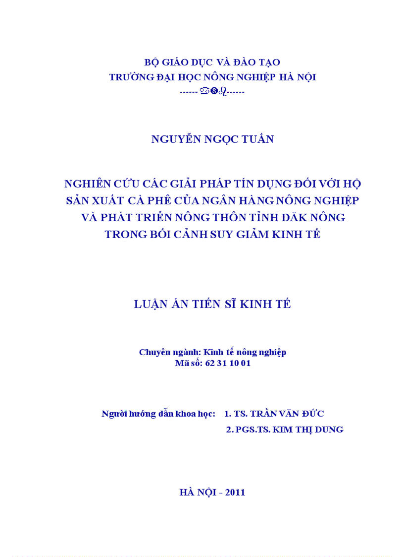 Nghiên cứu các giải pháp tín dụng đối với hộ sản xuất cà phê của ngân hàng nông nghiệp và phát triển nông thôn tỉnh đăk nông trong bối cảnh suy giảm kinh tế