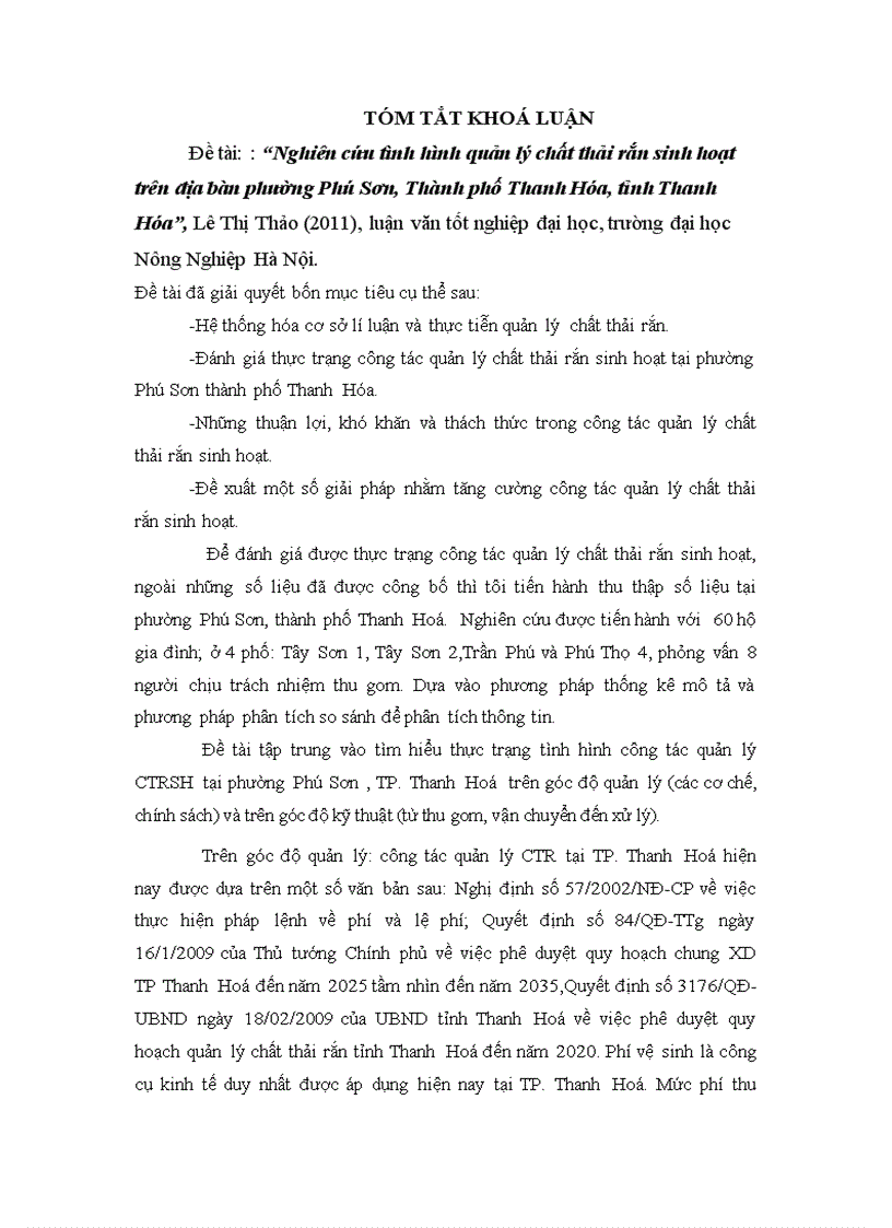 Nghiên cứu tình hình quản lý chất thải rắn sinh hoạt trên địa bàn phường Phú Sơn Thành phố Thanh Hóa tỉnh Thanh Hóa