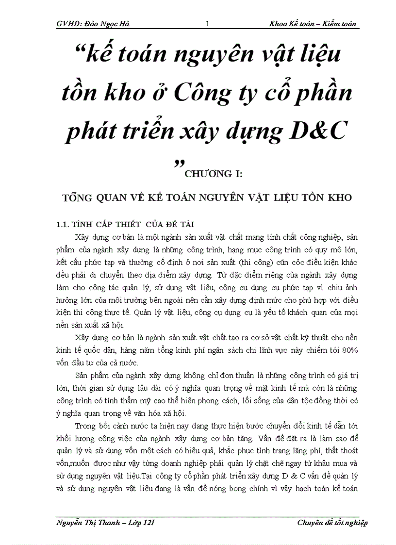 Kế toán nguyên vật liệu tồn kho ở Công ty cổ phần phát triển xây dựng D C 1