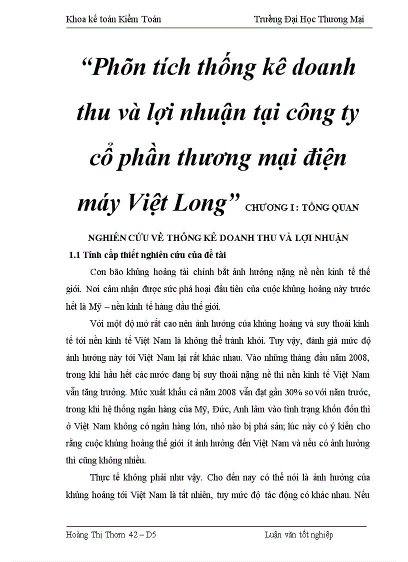 Phân tích thống kê doanh thu và lợi nhuận tại công ty cổ phần thương mại điện máy Việt Long 1