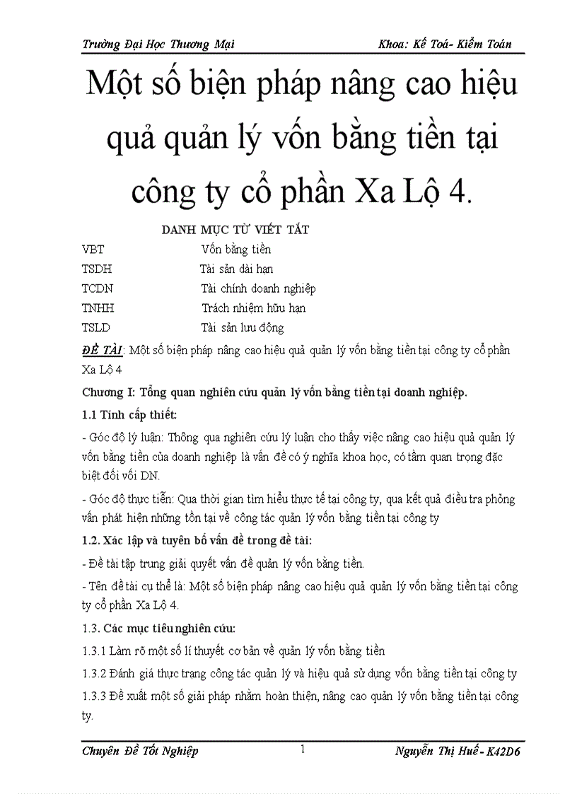 Một số biện pháp nâng cao hiệu quả quản lý vốn bằng tiền tại công ty cổ phần Xa Lộ 4 4