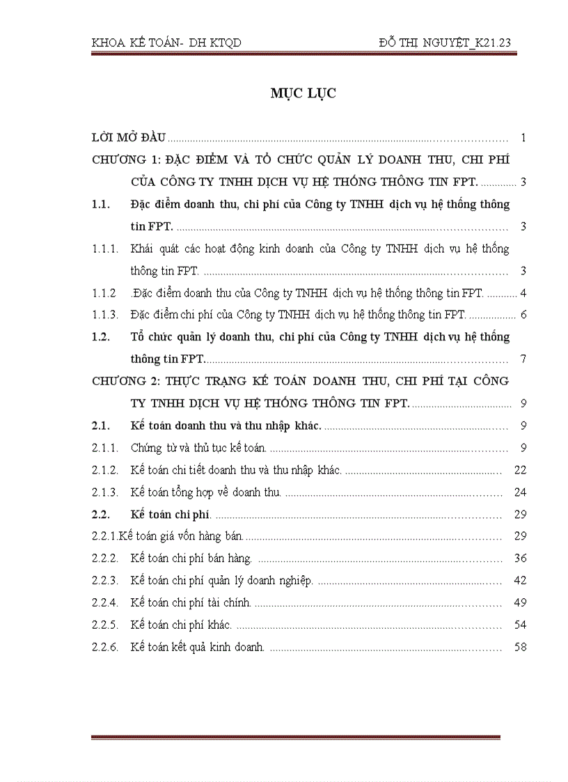Thực trạng kế toán doanh thu chi phí tại công ty tnhh dịch vụ hệ thống thông tin fpt