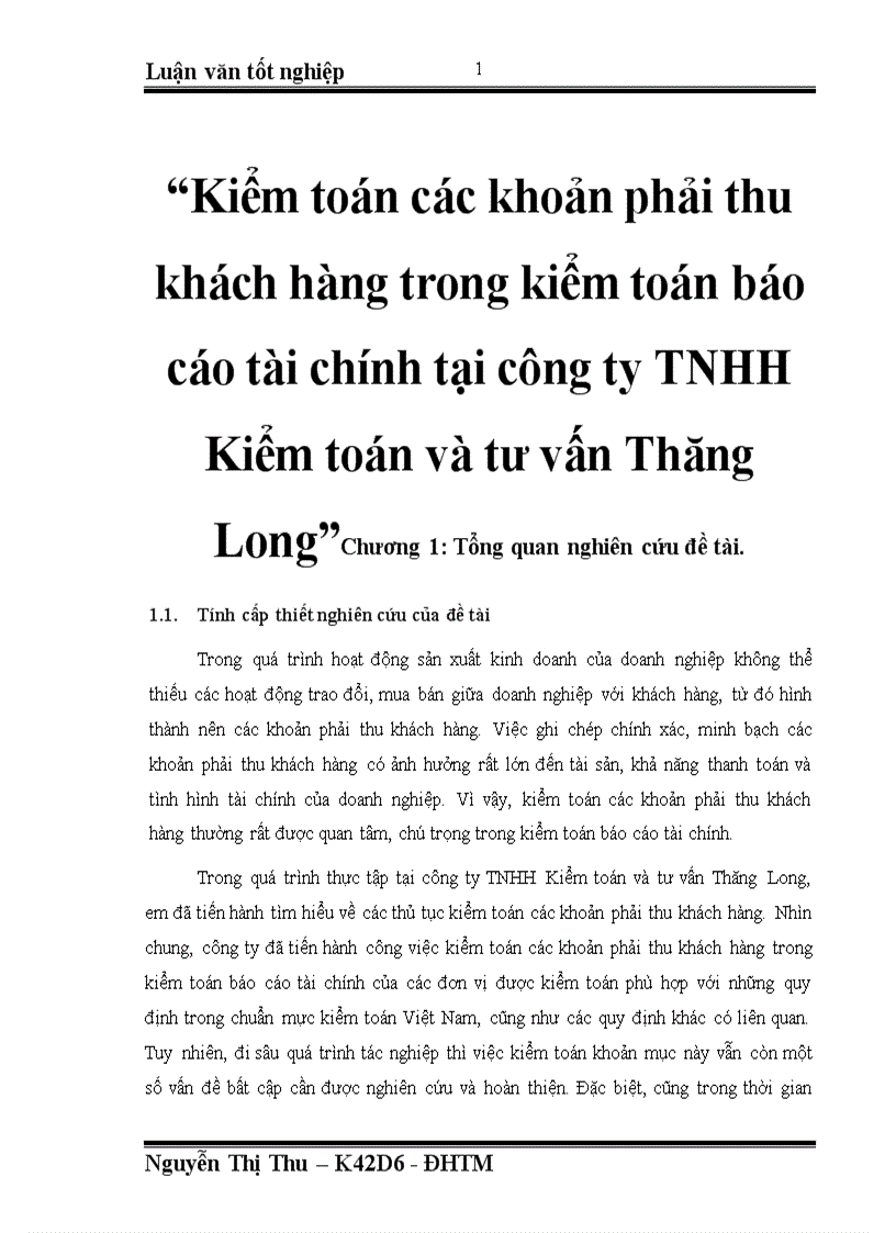 Kiểm toán các khoản phải thu khách hàng trong kiểm toán báo cáo tài chính tại công ty TNHH Kiểm toán và tư vấn Thăng Long 1