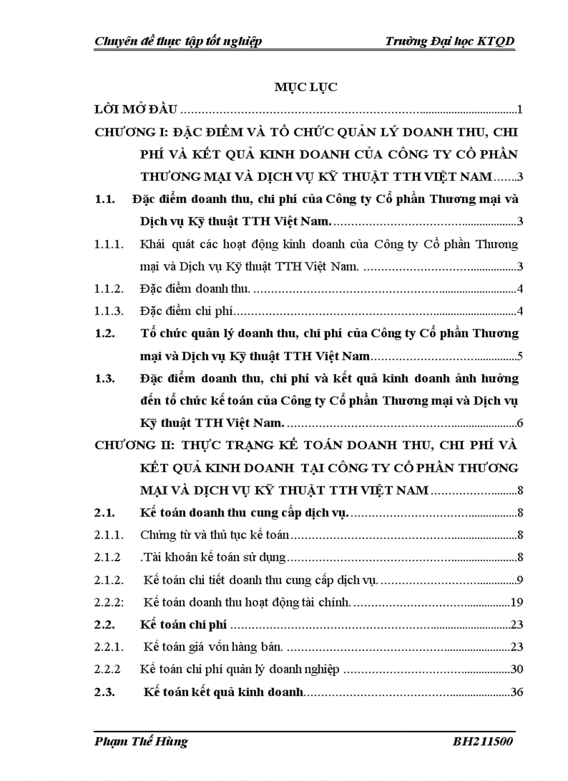 Kế toán doanh thu chi phí và kết quả kinh doanh tại công ty cổ phần thương mại và dịch vụ kỹ thuật tth việt nam
