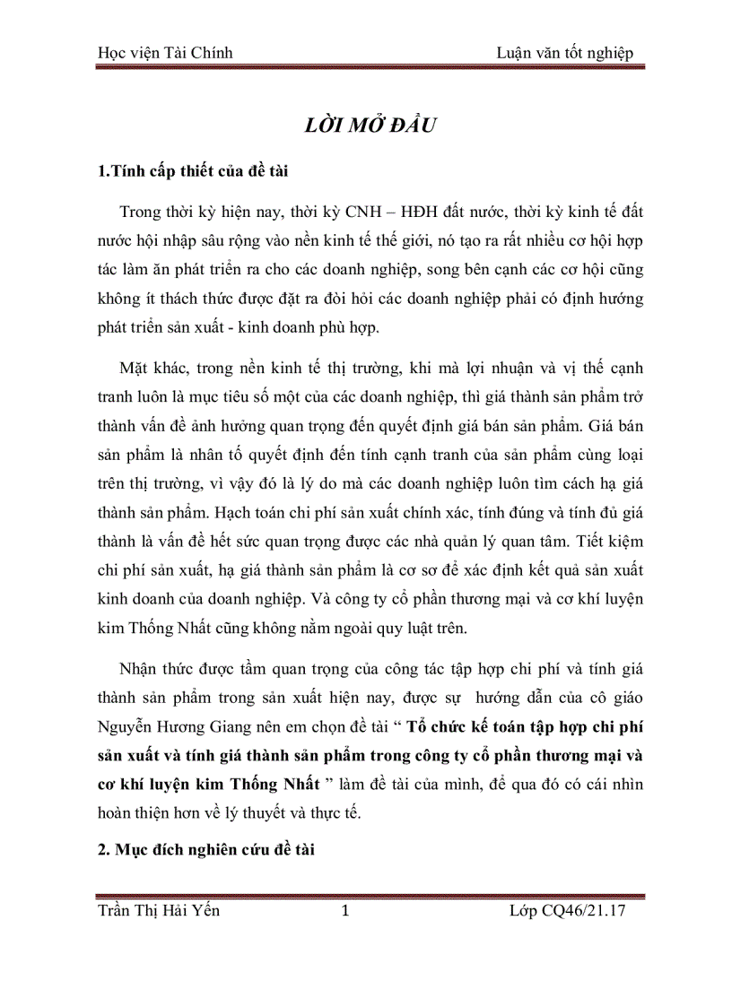 Tổ chức kế toán tập hợp chi phí sản xuất và tính giá thành sản phẩm trong công ty cổ phần thương mại và cơ khí luyện kim Thống Nhất 1
