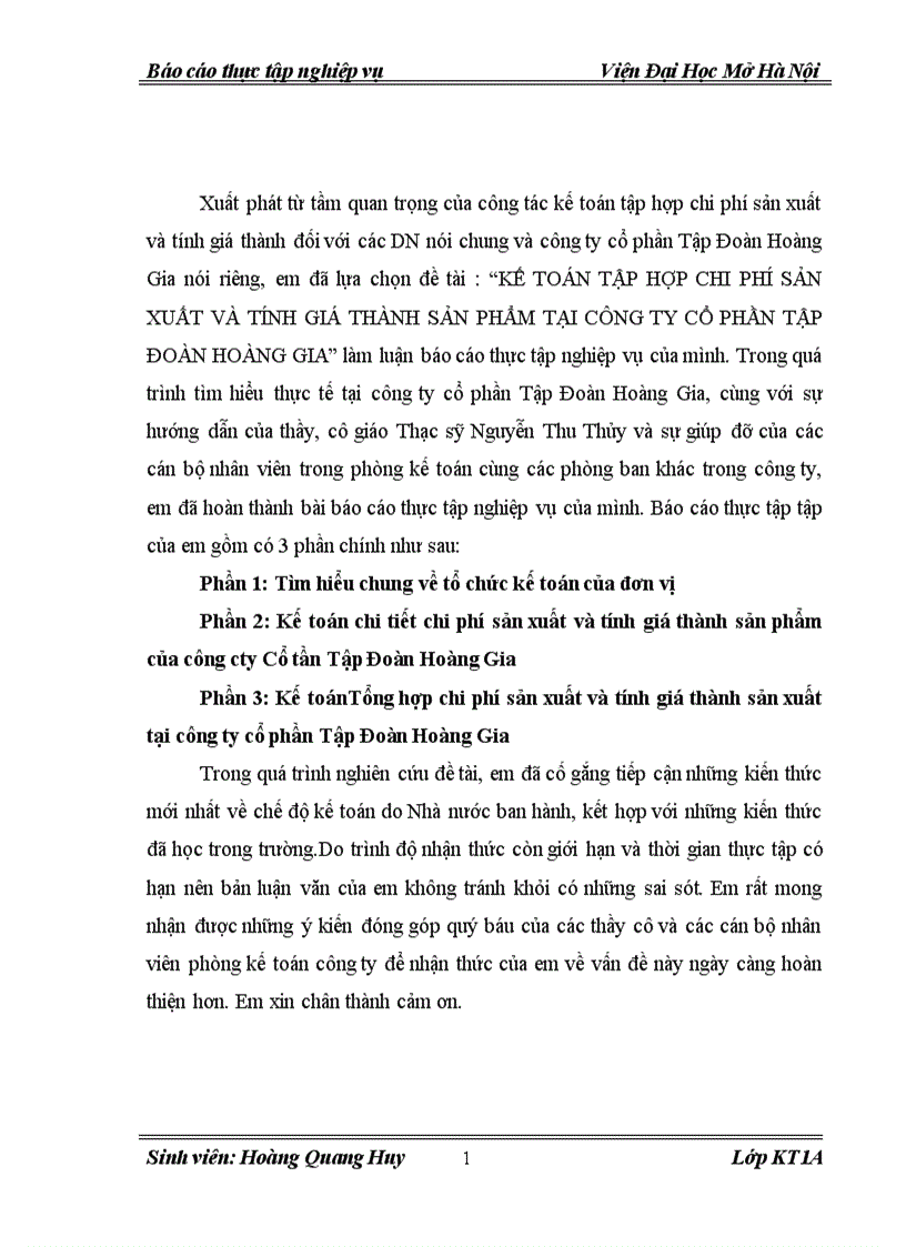 Kế toán tập hợp chi phí sản xuất và tính giá thành sản phẩm tại công ty cổ phần tập đoàn HOÀNG GIA