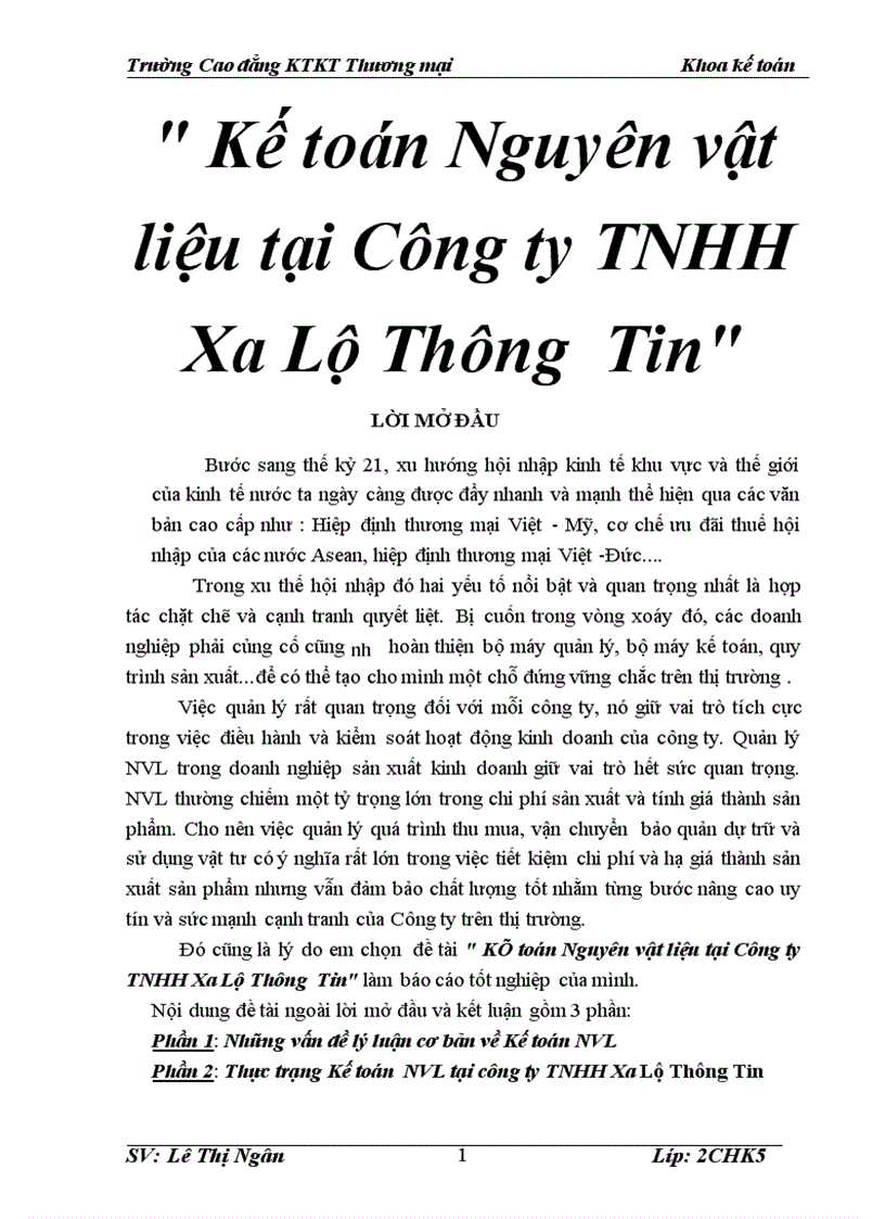 Kế toán Nguyên vật liệu tại Công ty TNHH Xa Lộ Thông Tin 4