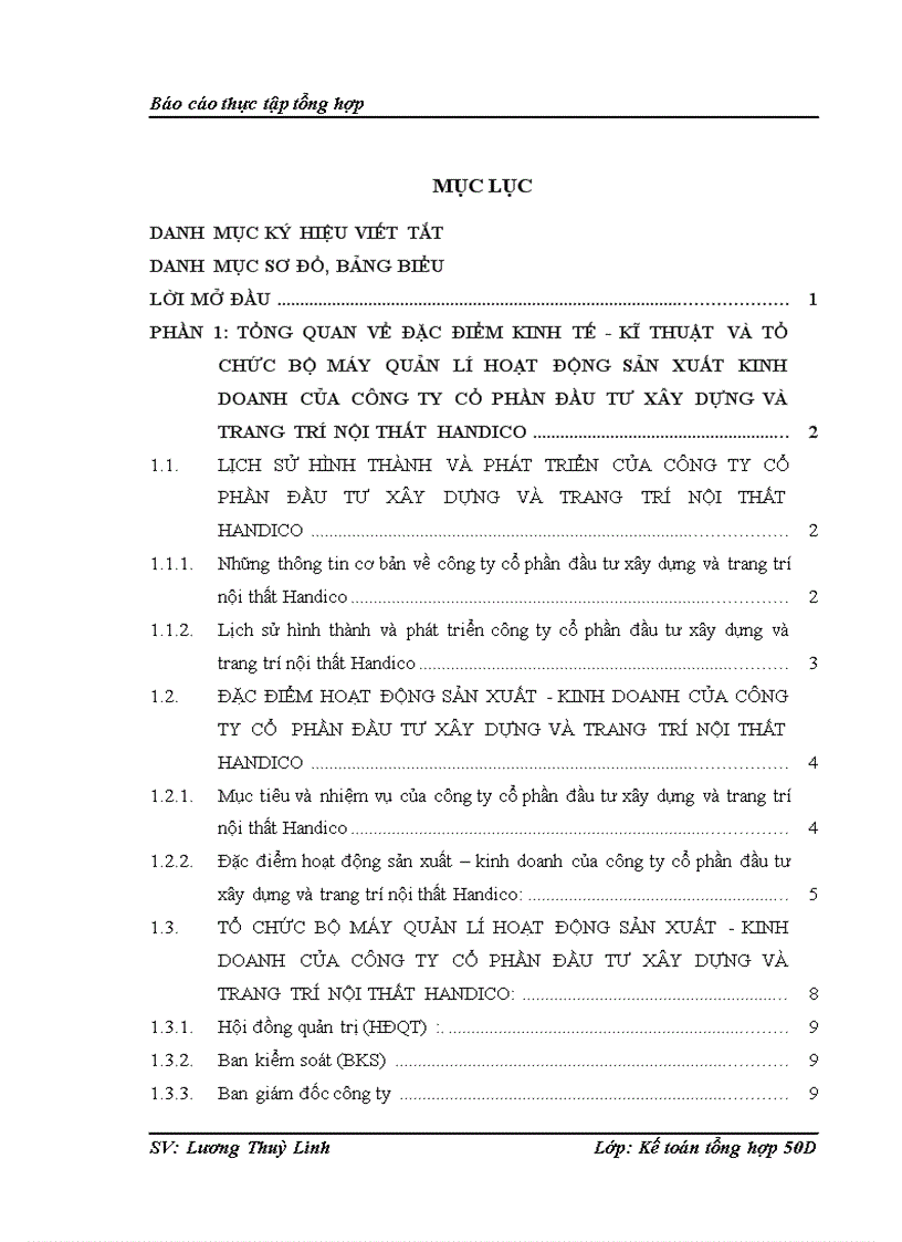 Báo cáo tổng hợp về công tác kế toán tại Công ty cổ phần đầu tư xây dựng và trang trí nội thất Handico 1