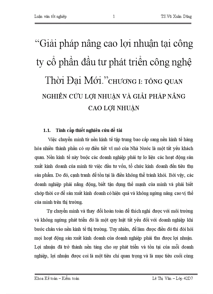 Giải pháp nâng cao lợi nhuận tại công ty cổ phần đầu tư phát triển công nghệ Thời Đại Mới 1