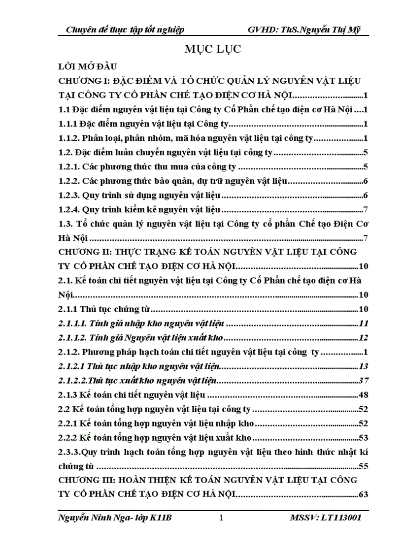 Hoàn thiện kế toán nguyên vật liệu tại Công ty Cổ phần Chế tạo Điện cơ Hà Nội 1