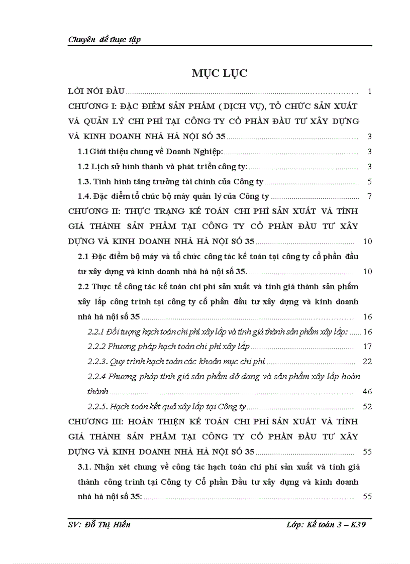 Hoàn thiện công tác kế toán Hạch toán chi phí sản xuất và tính giá thành công trình tại Công ty Cổ phần Đầu tư xây dựng và kinh doanh nhà hà nội số 35