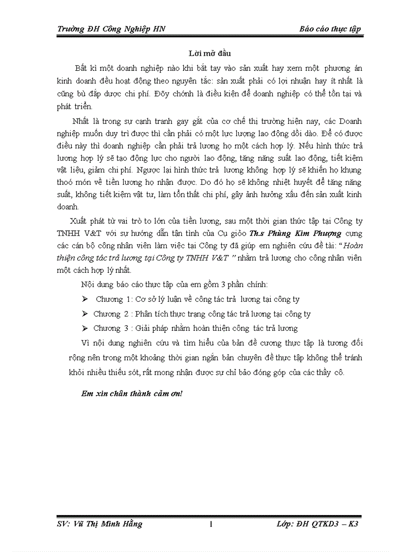 Hoàn thiện công tác trả lương tại Công ty TNHH V T