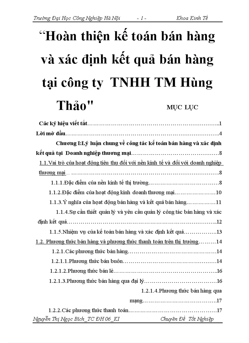 Hoàn thiện kế toán bán hàng và xác định kết quả bán hàng tại công ty TNHH TM Hùng Thảo 1