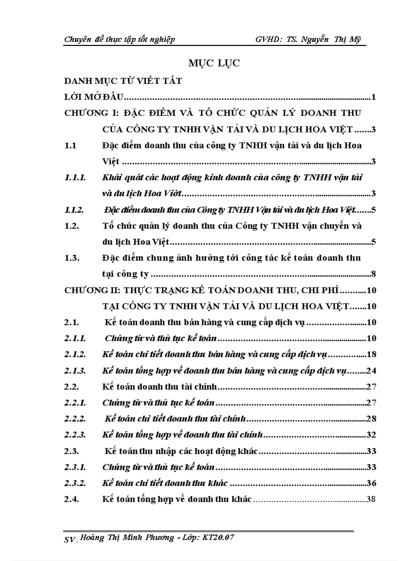 Kế toán doanh thu chi phí tại công ty tnhh vận tải và du lịch hoa việt 1