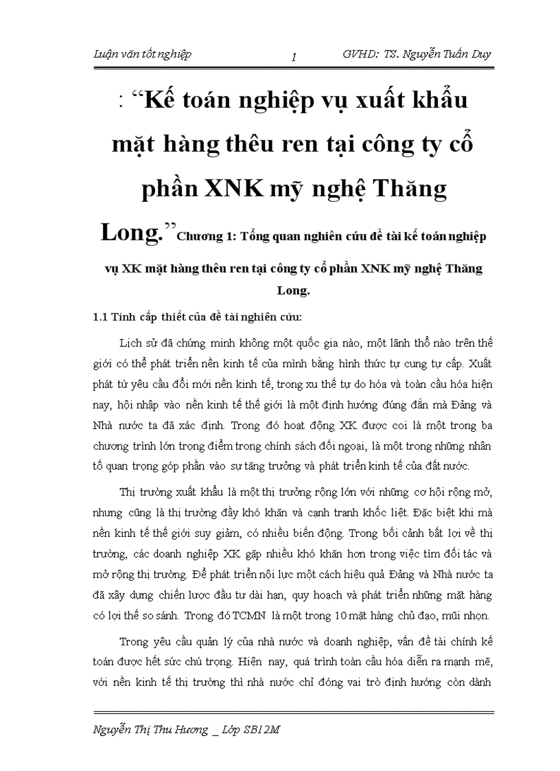 Kế toán nghiệp vụ xuất khẩu mặt hàng thêu ren tại công ty cổ phần XNK mỹ nghệ Thăng Long