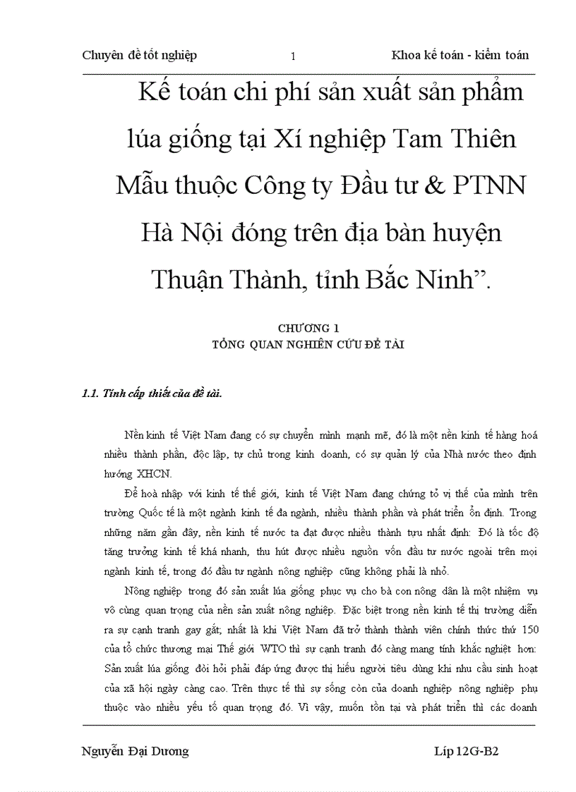 Kế toán chi phí sản xuất sản phẩm lúa giống tại Xí nghiệp Tam Thiên Mẫu thuộc Công ty Đầu tư PTNN Hà Nội đóng trên địa bàn huyện Thuận Thành tỉnh Bắc Ninh