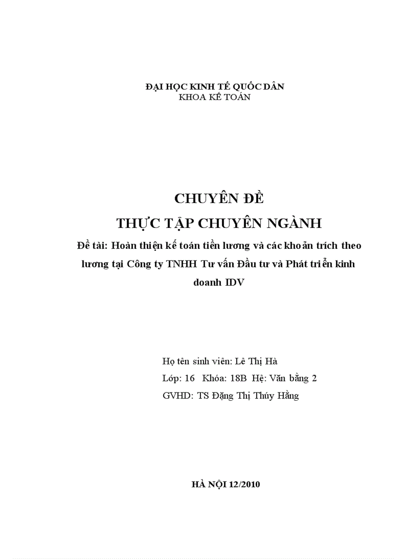 Hoàn thiện kế toán tiền lương và các khoản trích theo lương tại Công ty TNHH Tư vấn Đầu tư và Phát triển kinh doanh IDV