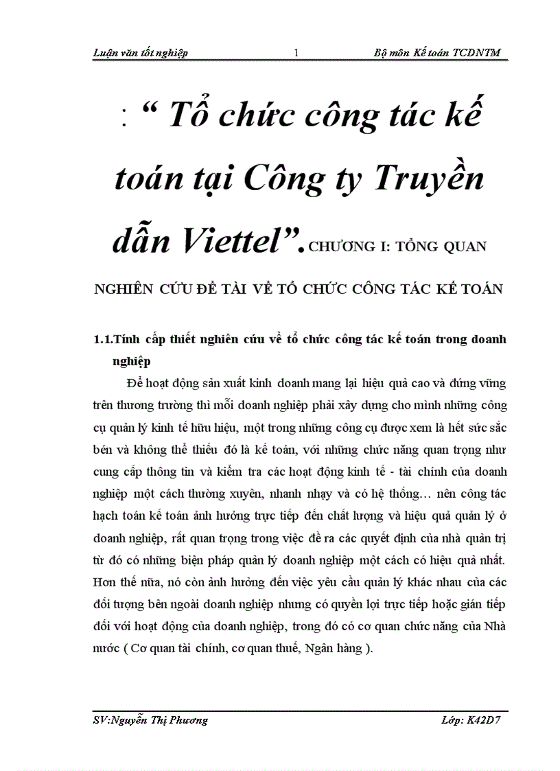 Tổ chức công tác kế toán tại Công ty Truyền dẫn Viettel 1