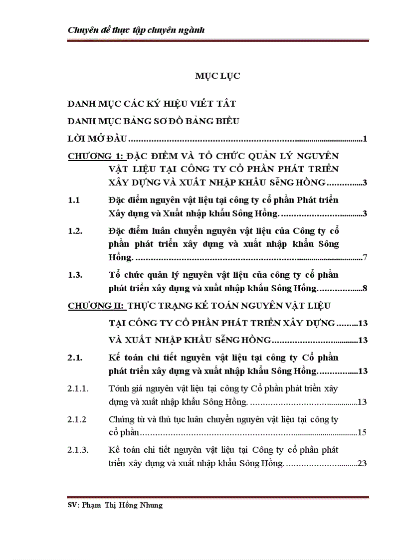 Hoàn thiện kế toán nguyên vật liệu tại Công ty Cổ phần Phát triển Xây dựng và Xuất nhập khẩu Sông Hồng 1