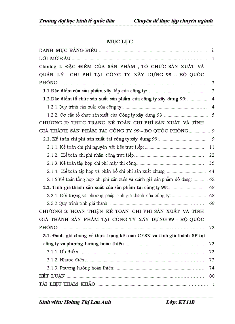 Hoàn thiện kế toán chi phí sản xuất và tính giá thành sản phẩm tại công ty xây dựng 99 Bộ Quốc Phòng