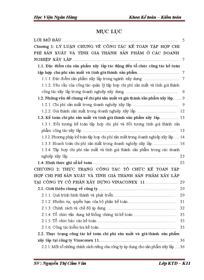 Tổ chức kế toán tập hợp chi phí và tính giá thành sản phẩm sản xuất tại Công ty Cổ Phần Xây Dựng số 11 Vinaconex 1