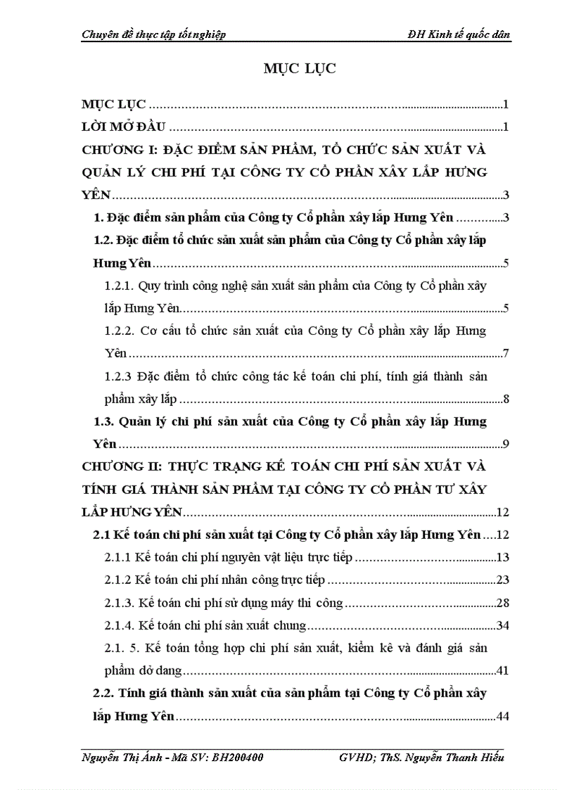 Kế toán chi phí sản xuất và tính giá thành sản phẩm tại công ty cổ phần tư xây lắp hưng yên